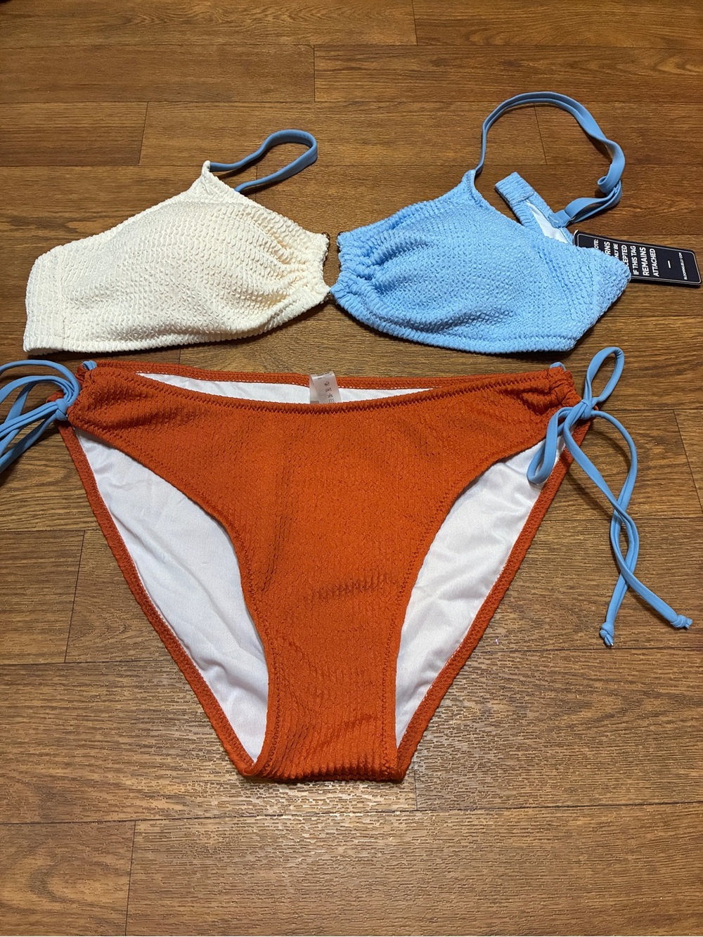 Women’s Three-Tone Textured Bikini Set - Cream, Sky Blue & Rust Size Large